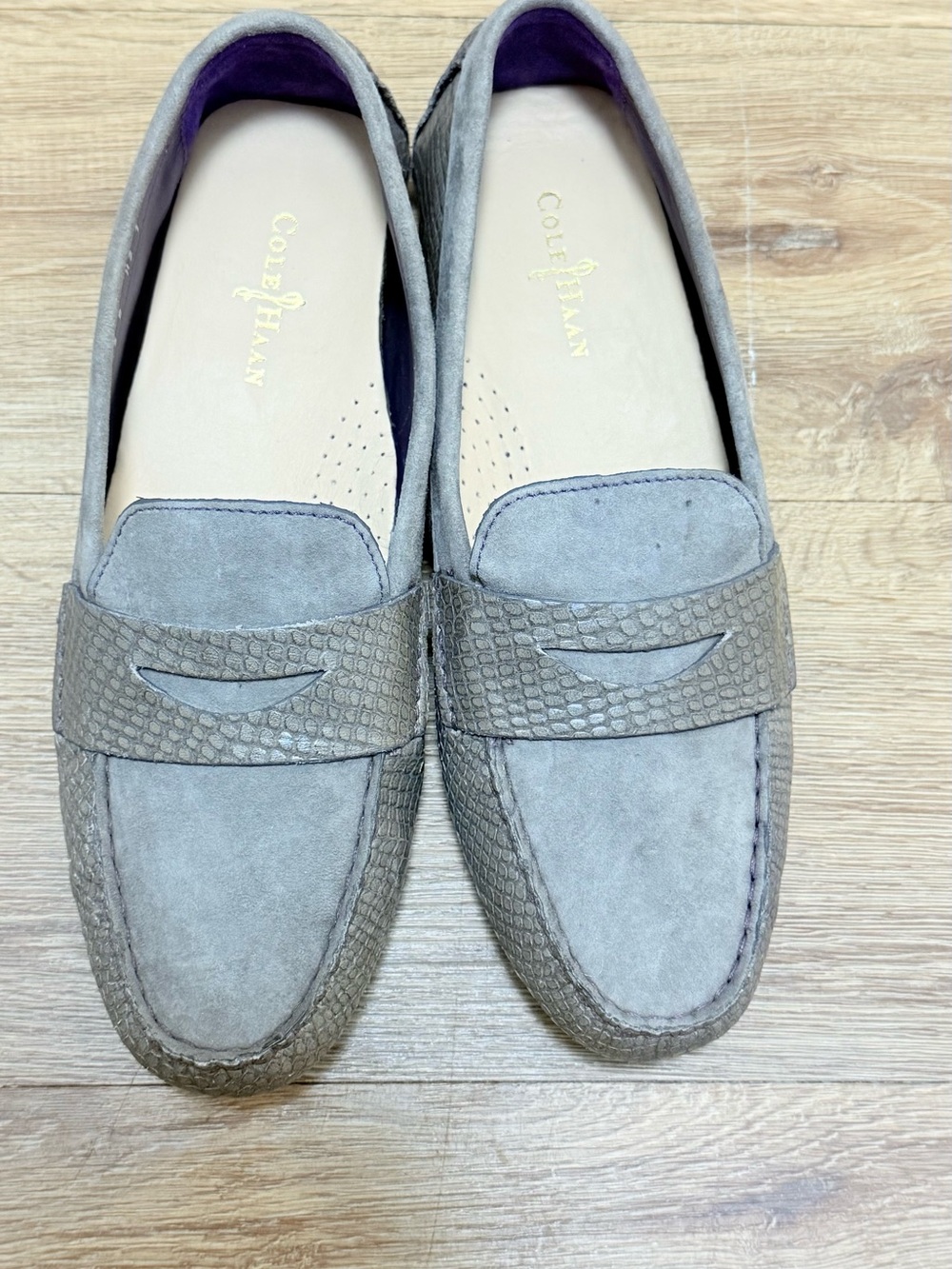 Cole Haan Light Gray Suede Penny Loafers